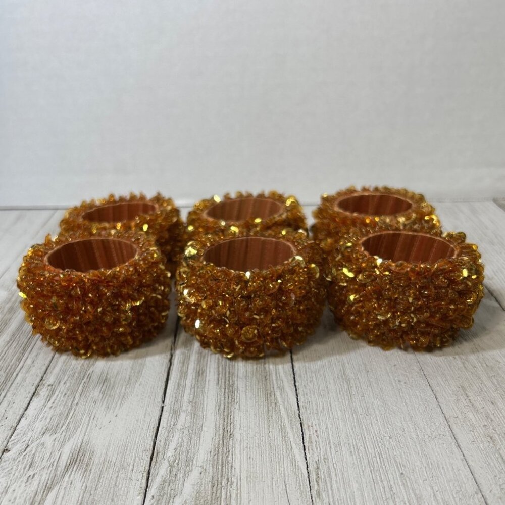 Vintage Beaded Napkin Holder Rings Orange for Party Holiday Dinner - Set Of 6